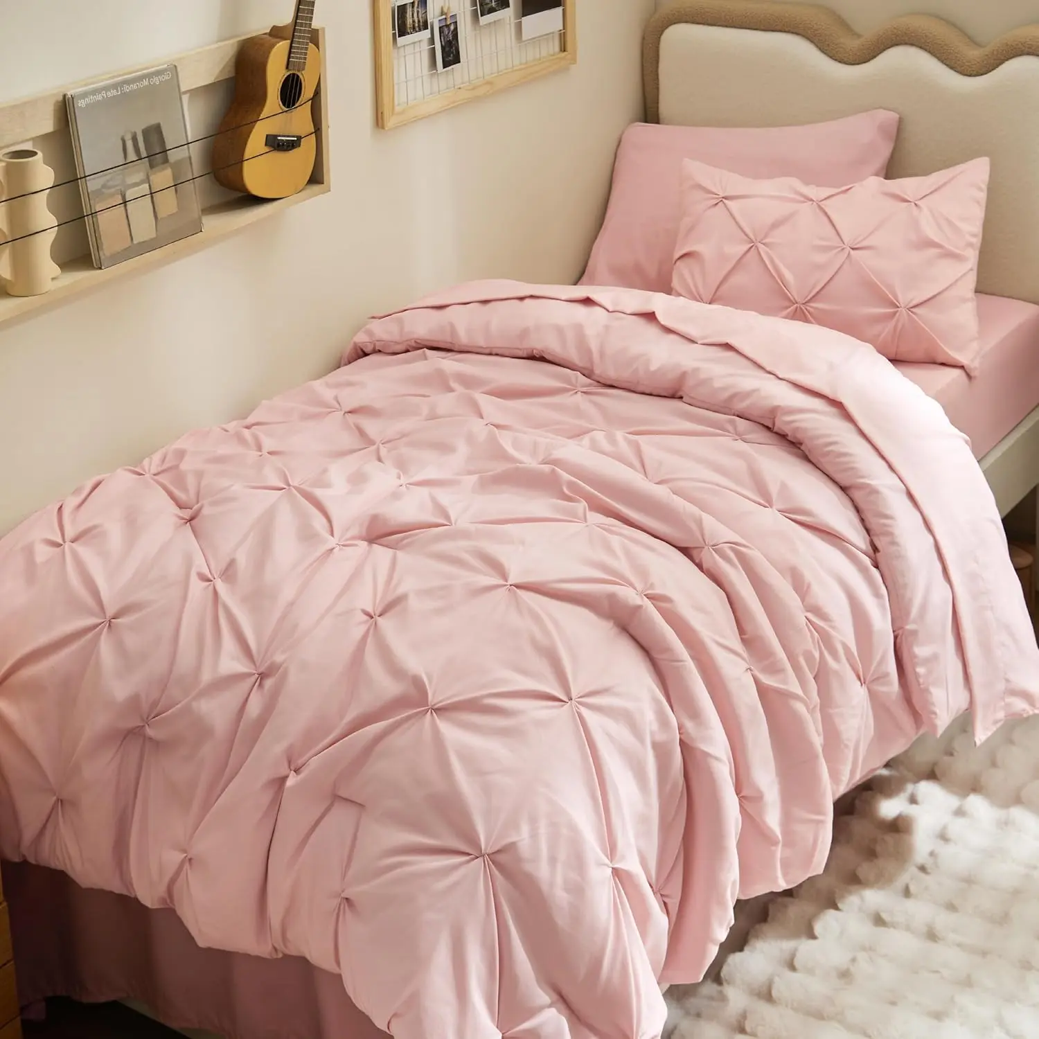Classic Microfibre Twin XL Geometric Pinch Pleat Bedding Set - 5-Piece Synthetic Durable Extra Long Dorm Collection with Comforter, Pillowcase Sham (Pink, 1 Bag, Machine Washable)