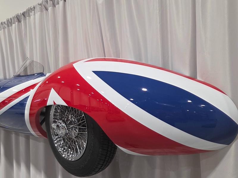 1955 Jaguar D-Type Classic Wall Art work with Union Jack Livery Dayton Wire Wheels