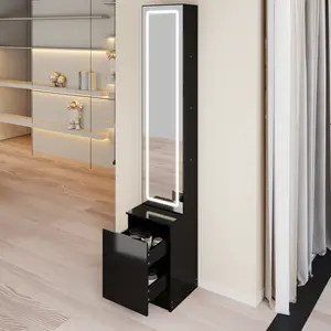 11.8"L*15.7"W*63"H Rectangular Full‑Length LED Mirror Jewelry Armoire, 3‑Color Dimmable Touch Light Cosmetic Storage Cabinet, Minimalist Freestanding Makeup Organizer for Bedroom Dressing Area