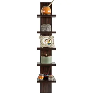 5 Tier Wall Shelf Unit Narrow, Dark Brown Walnut Finish - Vertical Column Shelf, Floating Storage, Home Decor Organizer, Tall Tower Design, Utility Shelving, Bedroom, Living Room