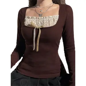 Y2k Women's Long Sleeve Knitted Tops Lace Stitching Neckline Knitwear Bowknot Decoration Slim-Fit Tshirt Pullovers Clubwear