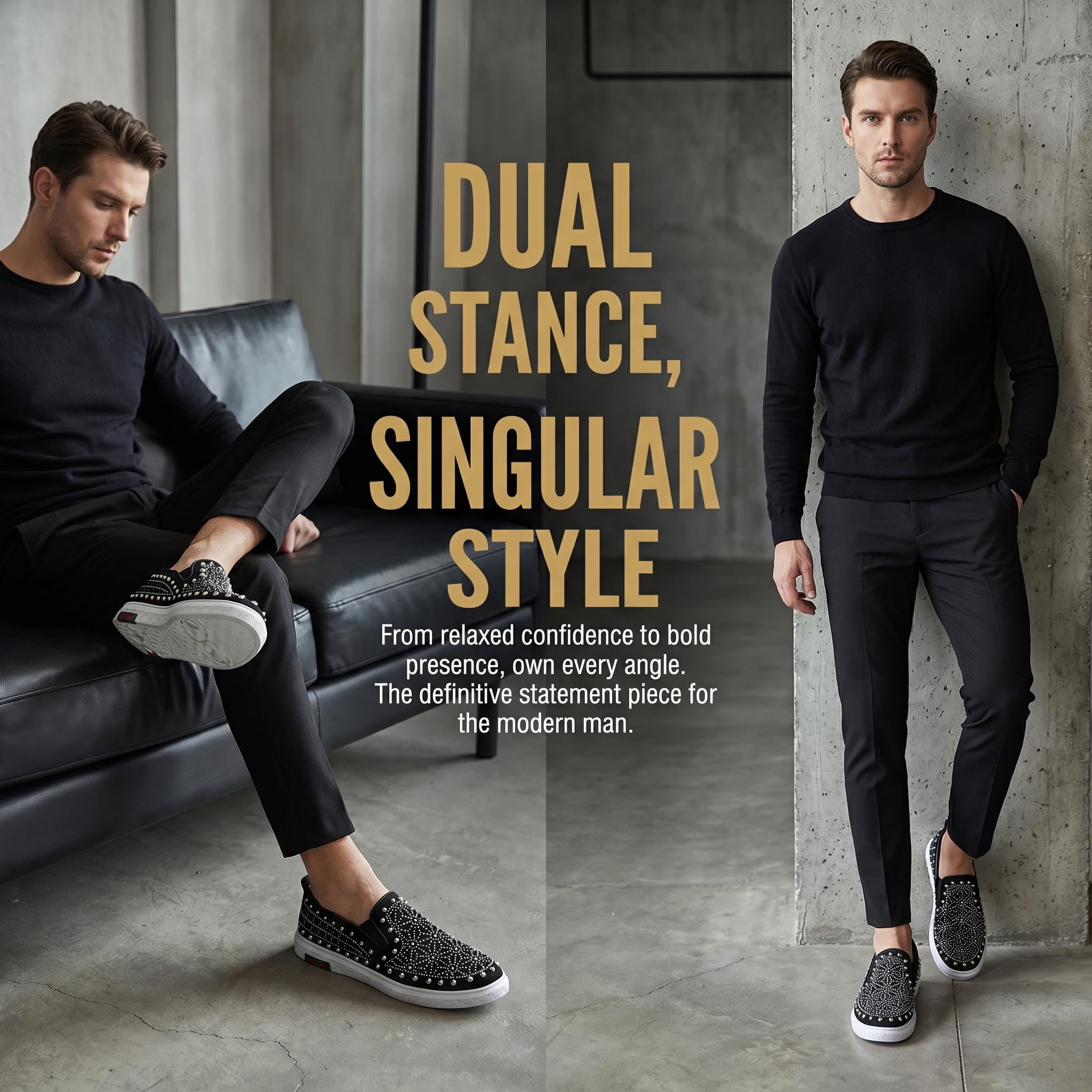 Men's Luxury Rhinestone & Rivet Studded Slip-On Loafers - Fashion Bling Platform Sneakers, Comfortable Sparkly Walking Shoes for Nightclub, Party, Prom