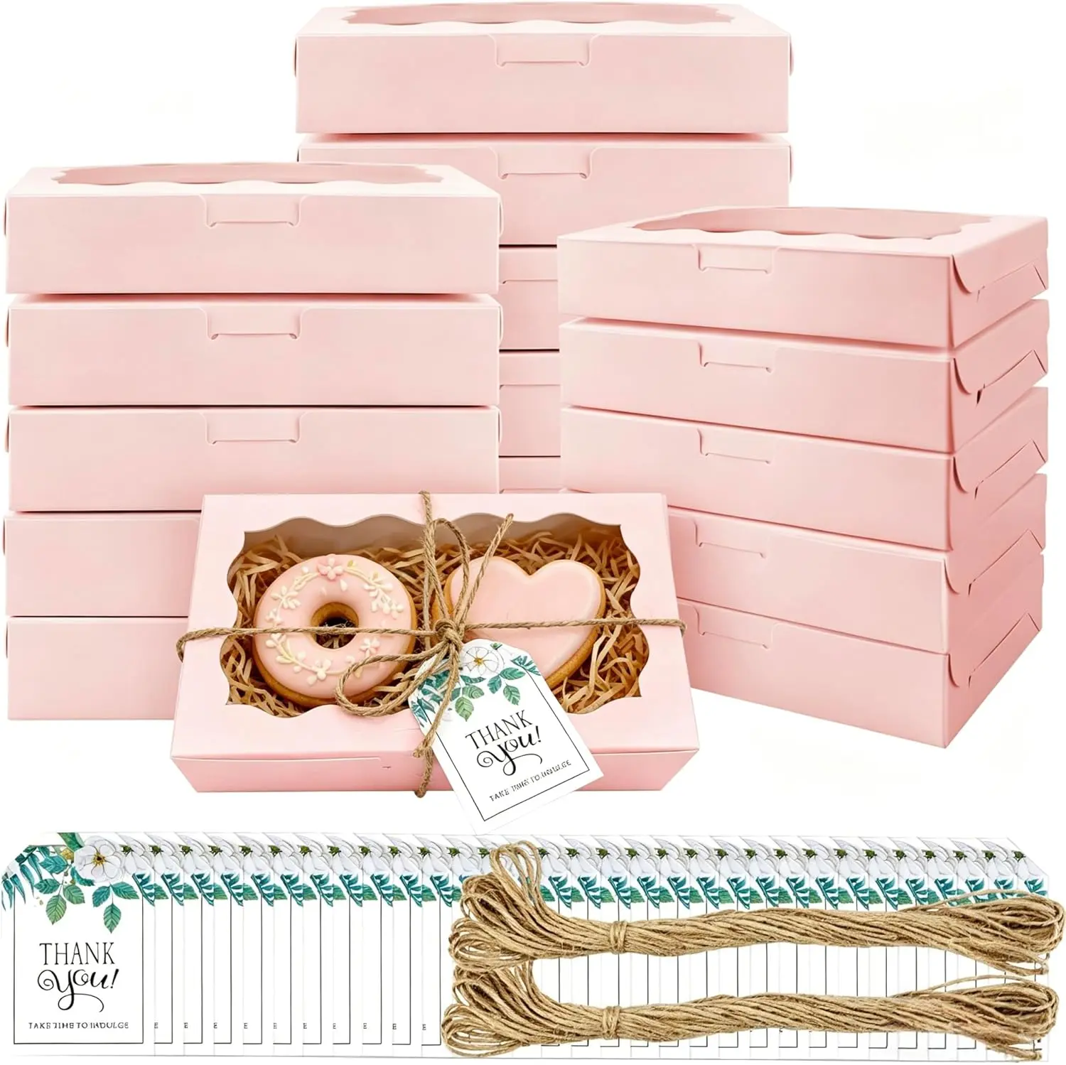 50 Packs Cookie Boxes with Clear Window, 7 x 4 3/8 x 1½ Inch Small Pink Kraft Candy Boxes Premium Pastry Boxes with Tags Ropes for Cookie Packaging, Dessert, Donuts, Pie, Cupcakes, Parties