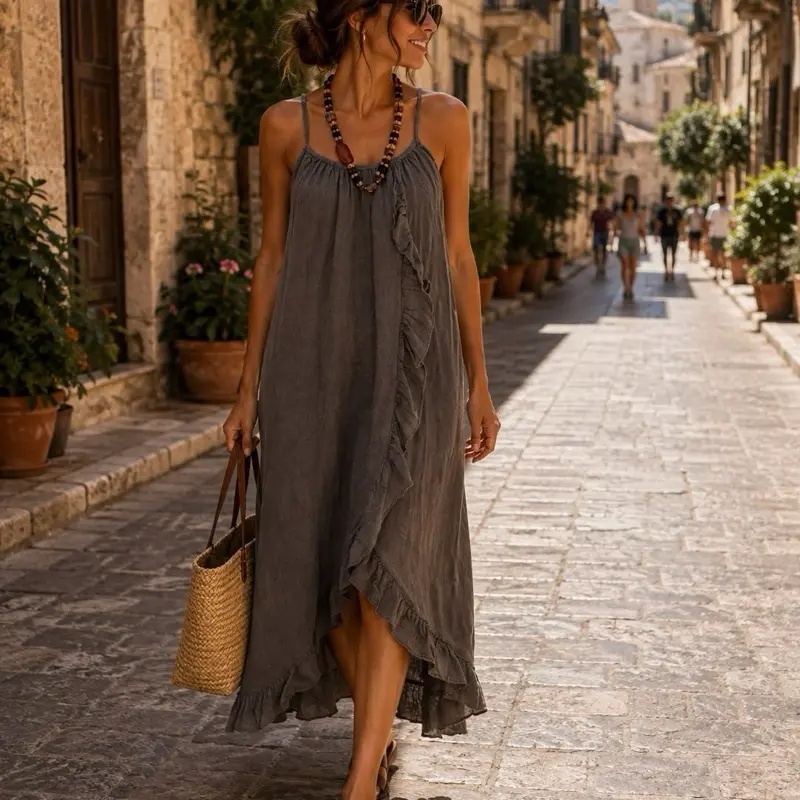 Italian Linen Maxi Dress | One Size | Lightweight Breathable | Elegant Casual Summer Dress