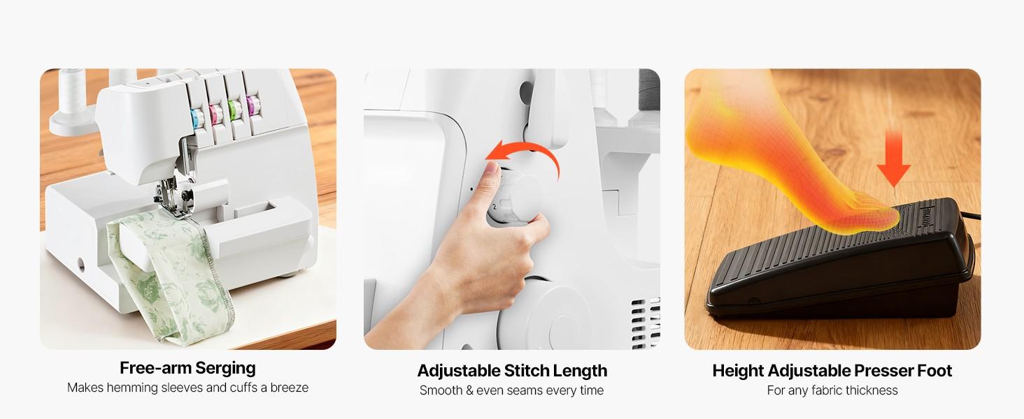 Serger Overlock Sewing Machine, 1250 Stitches Per Minute, 2-3-4 Thread Capability, 0.7-2.0 Adjustable Differential Feed, Free Arm, LED Light, Quiet Operation, Suitable For Knit, Woven, And Stretch Fabrics, White