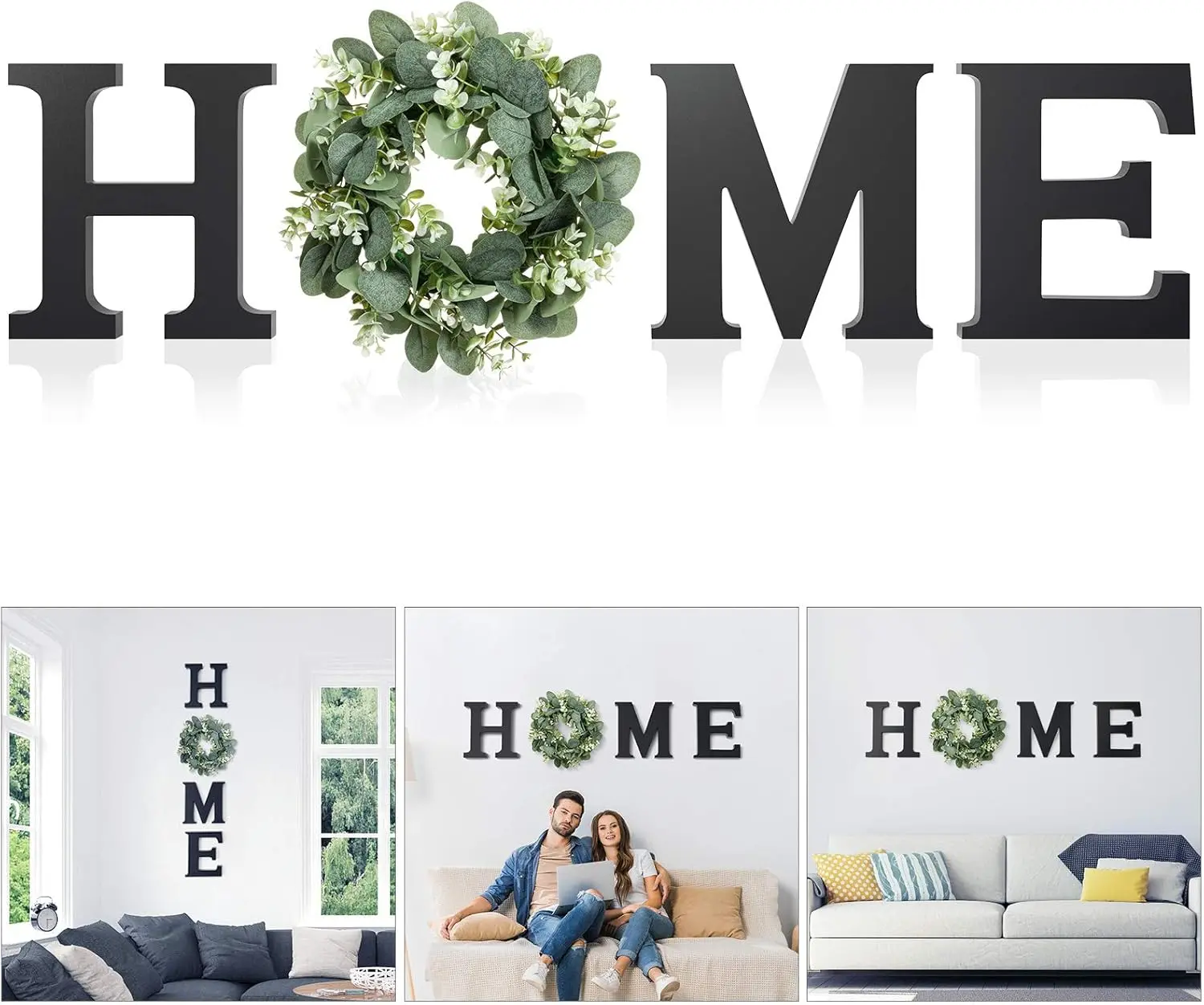 4 Packs Wooden Home Letters with Wreath Artificial Eucalyptus Modern Decorative Hanging Farmhouse Sign for Living Room & Kitchen - Housewarming & Couple Gifts