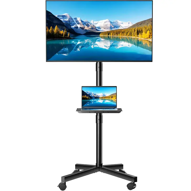 DUMOS Mobile Rolling TV Cart Stand with AV Media Shelf, Height & Tilt Adjustable Floor TV Stand for 23–60 Inch TVs, Lockable 360° Silent Casters, Heavy Duty 66 LBS Capacity Portable TV Cart for Home Gym Office Bedroom
