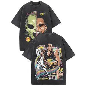 90s Hip-Hop Style Victor Wembanyama Vintage Tee, Alien & Player Double-Sided Print, Oversized Heavyweight Wash, Ideal for Solo Wear, Layering & Street Style