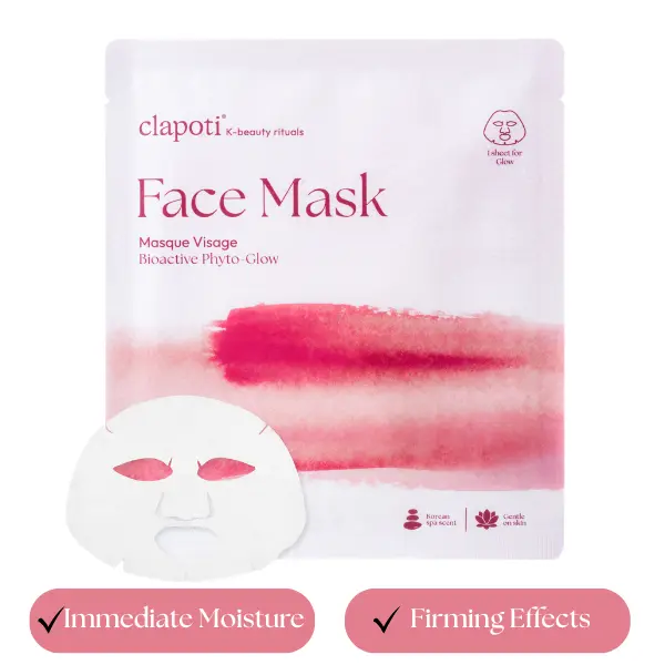 CLAPOTI Korean Clean Non-Toxic Bamboo Sheet Face Mask - Instant Moisture and Firming Glow in 10 min, Spa-Grade Treatment, 99% natural Hibiscus, Peptides Complex, No-Rinse & Gentle for Sensitive Skin, Vegan, Yuka Excellent, 1 sheet