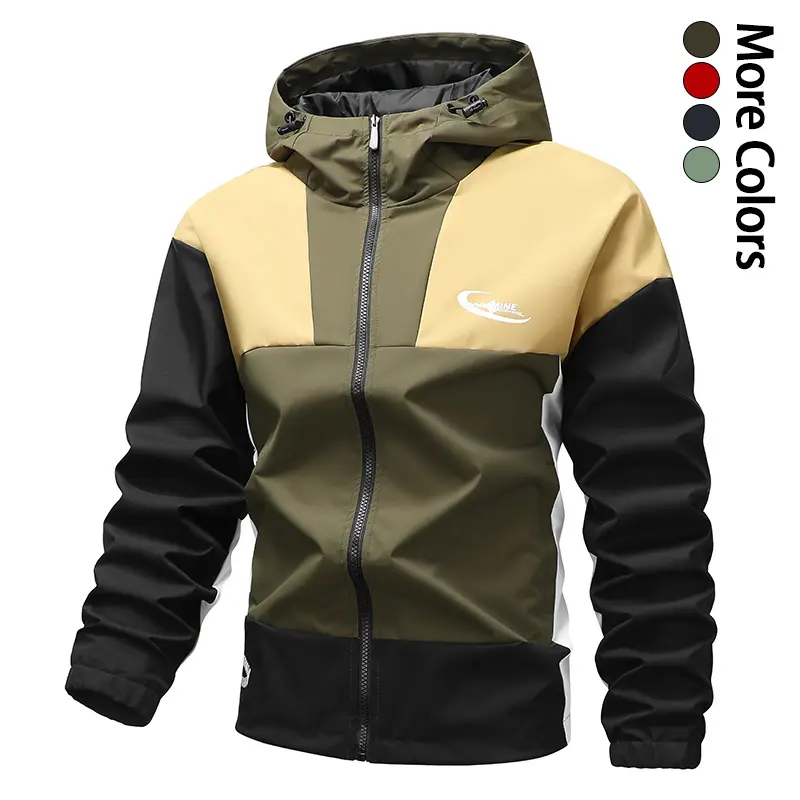 Men’s color-block hooded windproof jacket, printed design, adjustable drawstring hood, outdoor hiking windbreaker