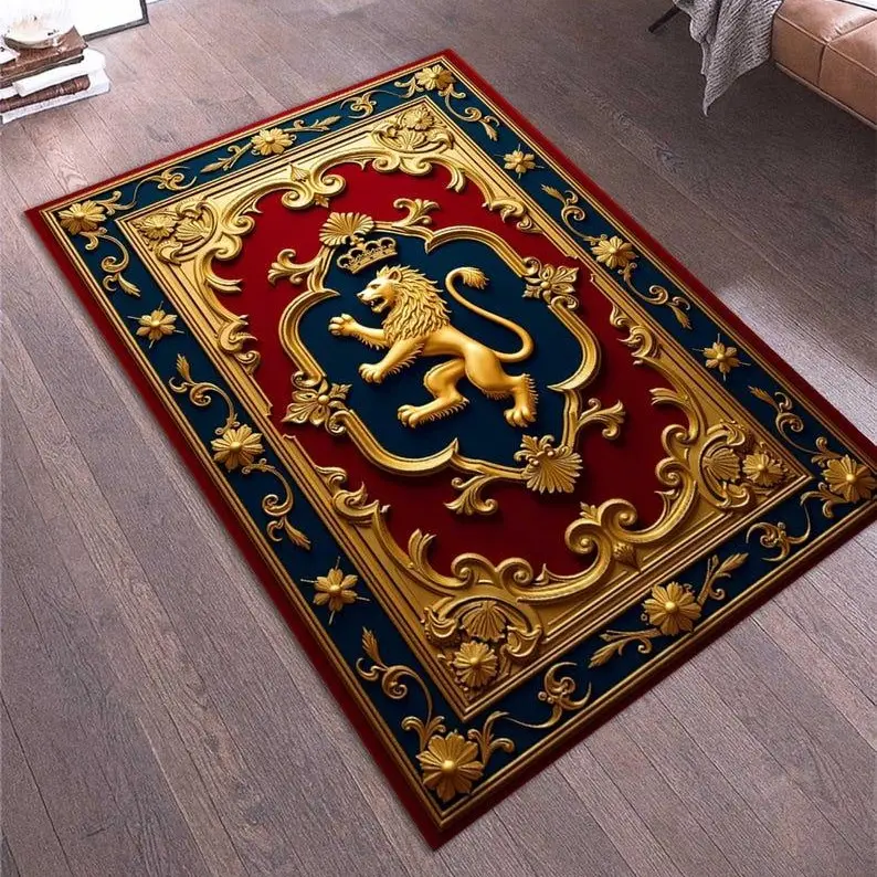 Baroque Lion Crest Rug – Red and Navy, Luxury Gold Accents rug,Living Room Carpet