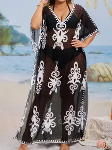 Plus Size Retro Printed Loose Beach Cover-Up Dress - Chic Swimsuit Tunic for Summer Vacation