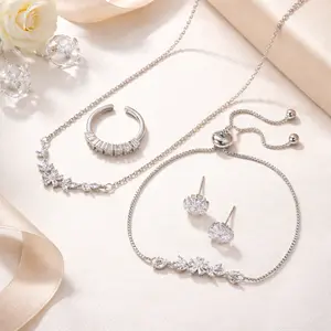 Delicate Floral Cubic Zirconia Jewelry Set Silver Adjustable Necklace Earring Bracelet Cuff Ring for Daily Wear Bridal Gift Accessories for Women Valentines&birthday Boujee Gifts for gf