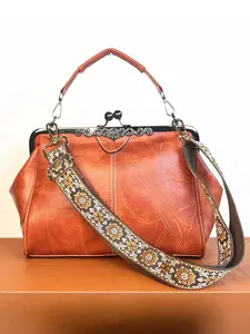 Women's Fashionable Ethnic Pattern Boho Style Crossbody Bag, Vintage Wide Shoulder Strap Shoulder Bag, Casual Versatile Bag for Daily Used