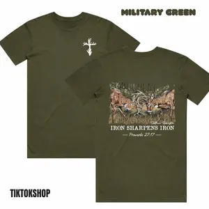 Iron Sharpens Iron Christian Hunting Shirt, Proverbs 2717 Buck Graphic Tee, Faith & Outdoors Front and Back Print, Bible Verse Menswear Top, Religious Gift for Hunters