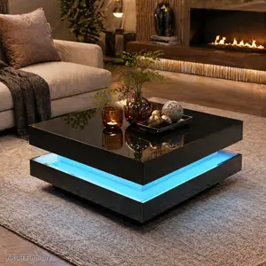 Black High Gloss Minimalist Arch Design 2-Tier Square Top LED Coffee Table - Furniture-Style, Built-In LED, Geometric, Glossy Living Room Center Table with Plastic Legs, 31.5"x31.5"x14.2" Stackable, Furniture-Style Coffee Tables, Built-In Coffee Tables