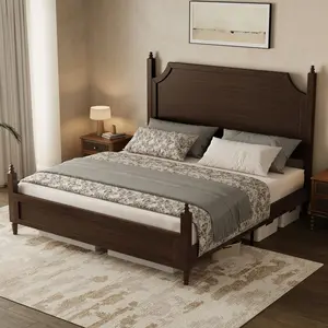 [Summer Sale Deals]Belffin Wood King Size Bed Frame with Curved Headboard, Vintage Platform Bed, Traditional Four Poster Bed with 12 Solid Wooden Slats Support, Noise Free, No Box Spring Needed, Easy Assembly, Walnut