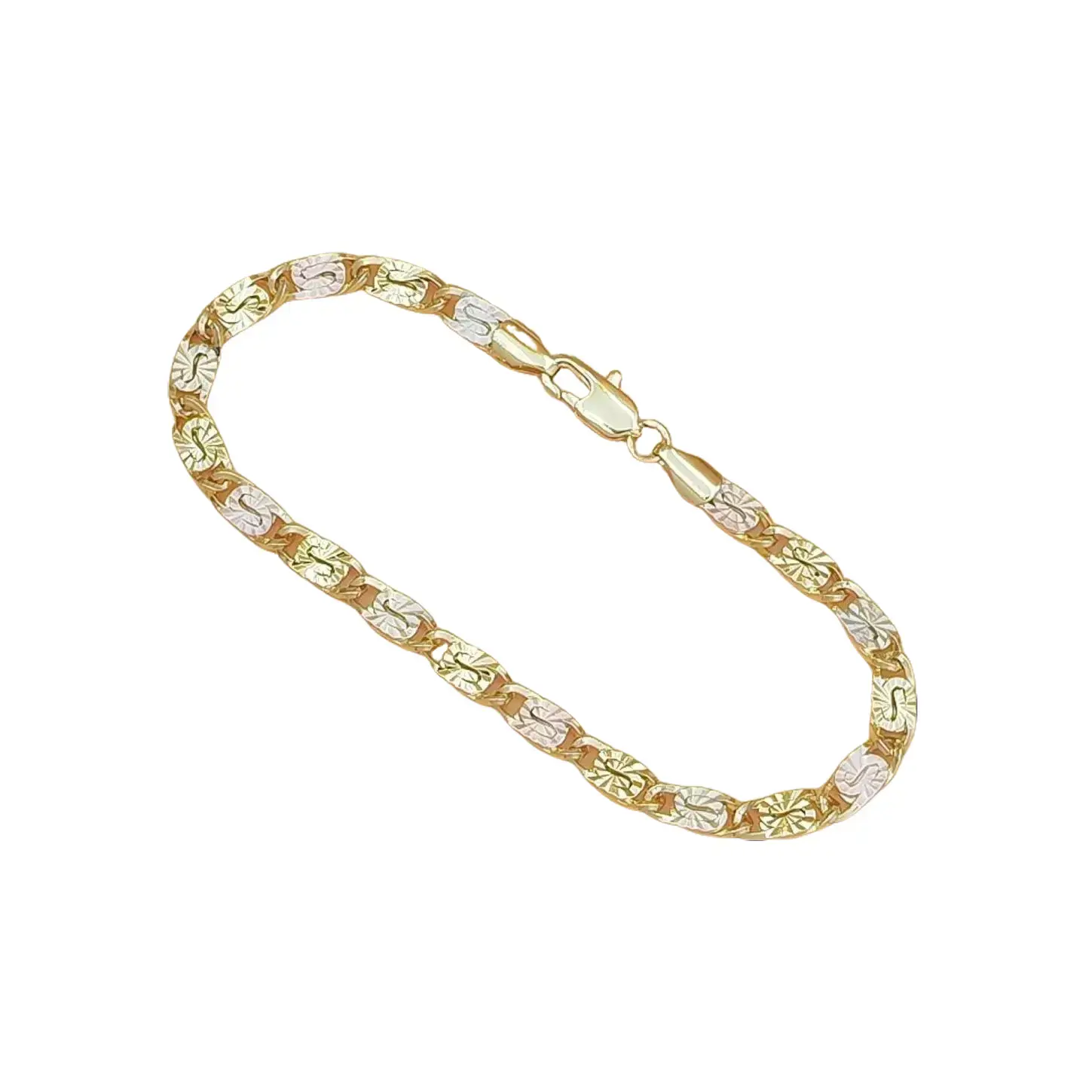 Gold Tri Color Mariner Link Bracelet, Polished Floral Engraved Chain, Dainty Women Wrist Jewelry, Classic Accessory for Daily Styling , Dainty Jewelry Gift for Her