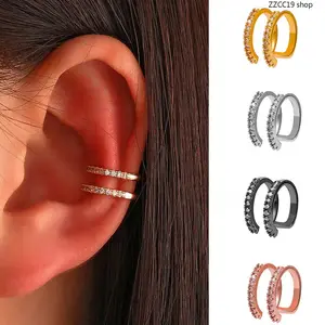 Unisex Double Row Cubic Zirconia Ear Cuff Non Piercing – 14K Gold Plated C-Shaped Clip On Earrings | Hypoallergenic Copper Cartilage Fake Piercing Jewelry