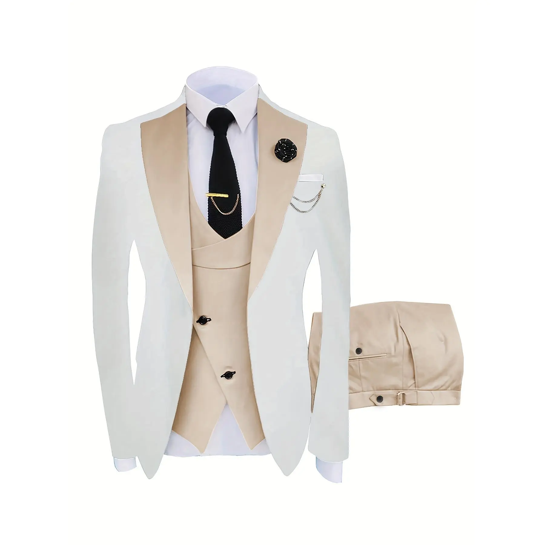 Men's Slim-Fit Polyester-Rayon Blend Solid 3-Piece Formal Wear Menswear Suit Set - Skinny Cut, Includes Vest, Long-Sleeve Shirt, Jacket, Pants, Tie, Tie Clip, Handkerchief, 2 Cufflinks, Boutonniere, Brooch, Pocket for Groomsmen Weddings