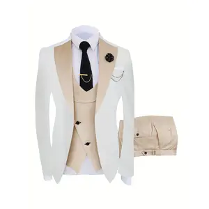 Men's 3pcs suit for groomsmen, slim fit wedding dance tuxedo, elegant formal event dress, suit jacket + trousers + vest + tie + tie clip + handkerchief + 2 cufflinks + boutonniere + brooch