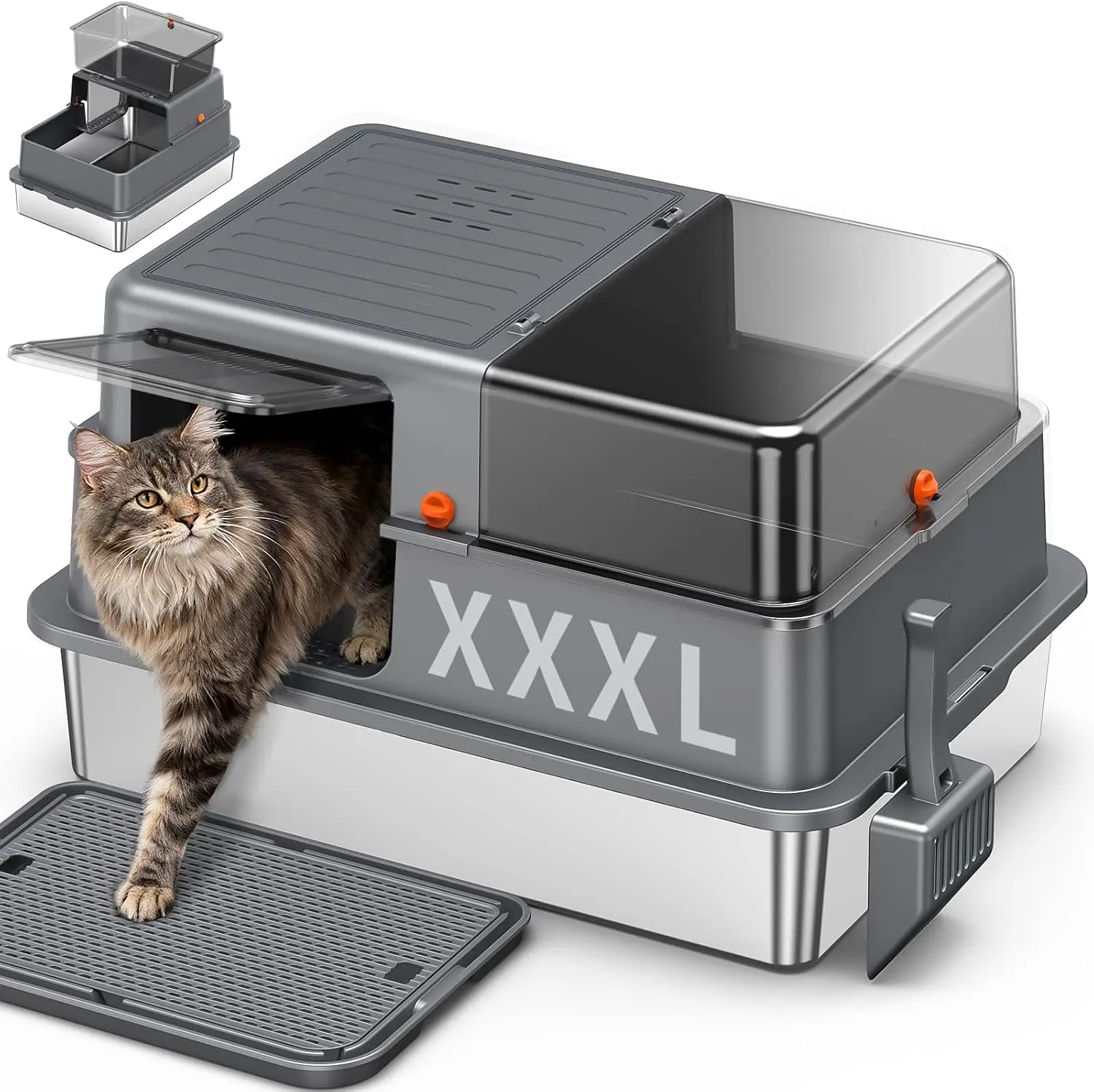 XXXL 3 in 1 Stainless Steel Cat Litter Box, Tunnel Enclosed Kitty Litter Box with 180° Flip Top, Extra Large Covered Cat Toilet with Litter Tracking Mat & Scoop for Large Cats Multi-Cat Household