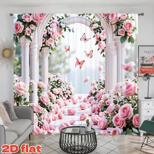 2D Flat 2Pcs Romantic Pink Rose Butterfly Archway Print Window Curtains, Sheer Voile Drapes, Decorative Panels for Living Room Bedroom Dining, Rod Pocket Style, Anti-Privacy, Home Decor Treatments, Home Textile
