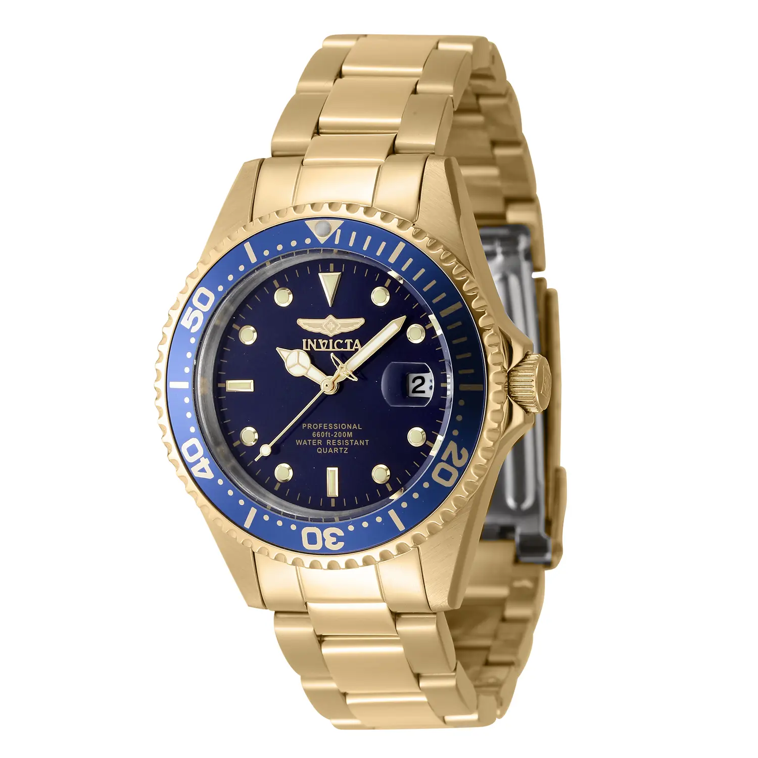 Invicta Pro Diver Men's Analog Round Watch - 37.5mm Gold-Tone Stainless Steel, Blue Coin Edge Bezel, Matte Dial, Luminescent, Clasp Closure, Date Function, 50M Water Resistant for Swimming, 100% Authentic