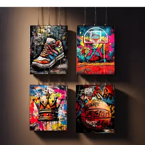 4 Pieces Basketball Graffiti Wall Art Prints: Modern Street Sports Graffiti Art Posters - Perfect for Man Caves, Boys Rooms, or as a Gift for Sport Fans (8x10inch, Unframed) Decor Ornaments Decoration Artistic Photo