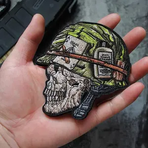 Green Skull Skeleton warrior embroidery patch with hanging ring fasteners-tactical armband and backpack accessories