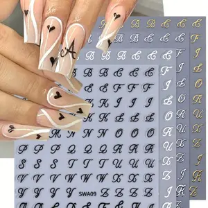 3D Alphabet Nail Stickers 4pcs Black White Gold Silver Gothic Retro Art English Letter Symbol Design Holographic Manicure DIY Decal Slider Nail Art Decoration Transferable Nail Art