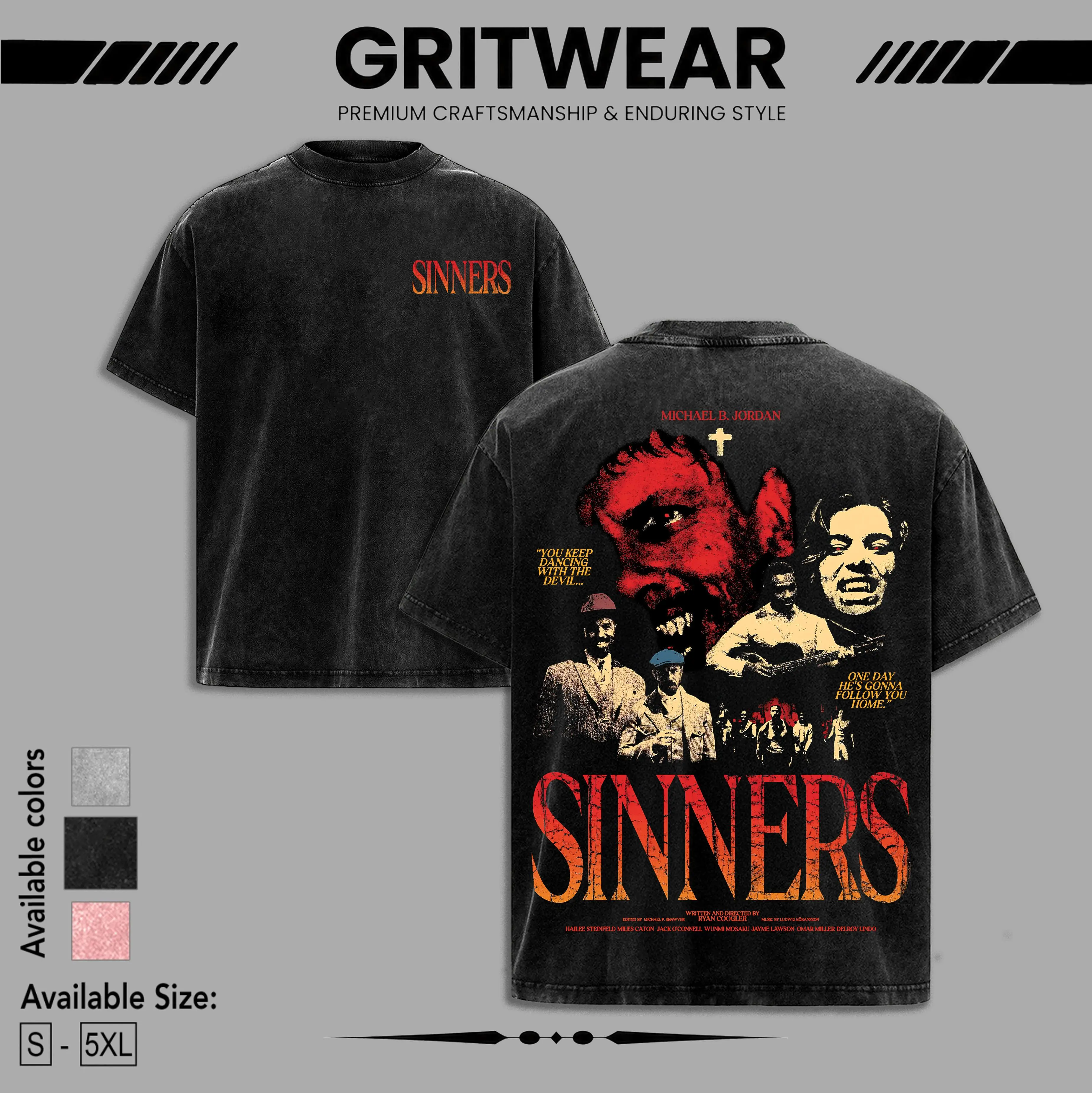 Sinners movie acid wash 2 Sided cotton t-shirt unisex neck graphic t-shirts horror movie Menswear Crewneck Streetwear 90s