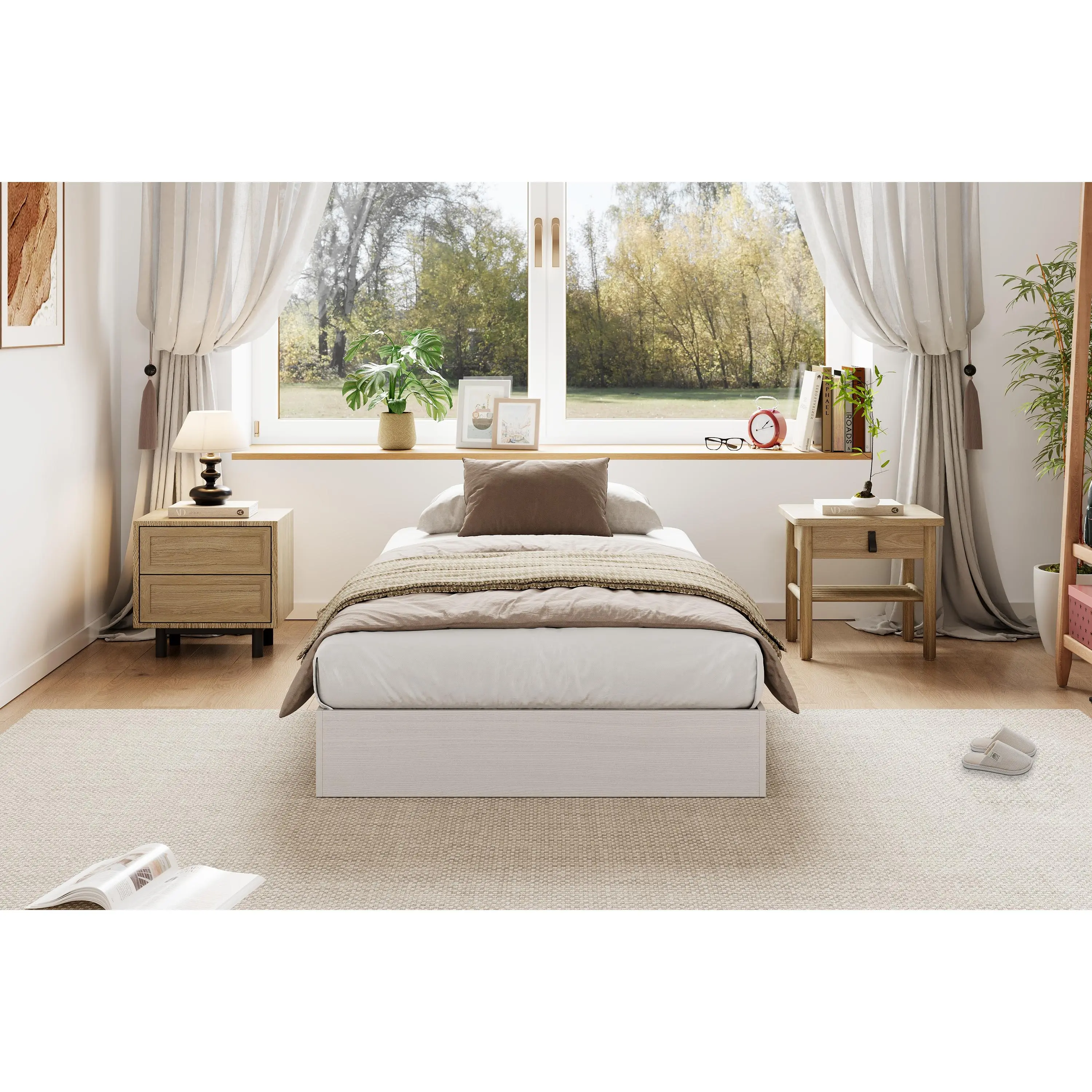 Garvee Japanese-Style Low Profile Platform Bed Frame - Solid Pine & MDF - Sturdy Wood Slat Support, Noise-Free, No Box Spring Needed - Walnut Finish