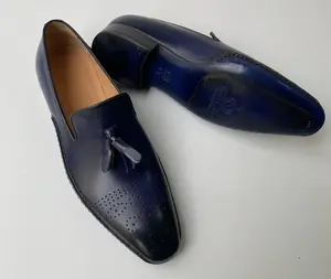 Buy Tucci Di Lusso Mens Navy Blue Hand-welted Luxury Italian leather Slip on Tassel Loafers shoes