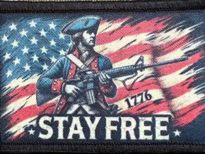 RedheadedTshirts Stay Free Patriotic Morale Patch 2x3" Hook and Loop Tactical Morale Patch with Revolutionary War Soldier Artwork and M16 Design
