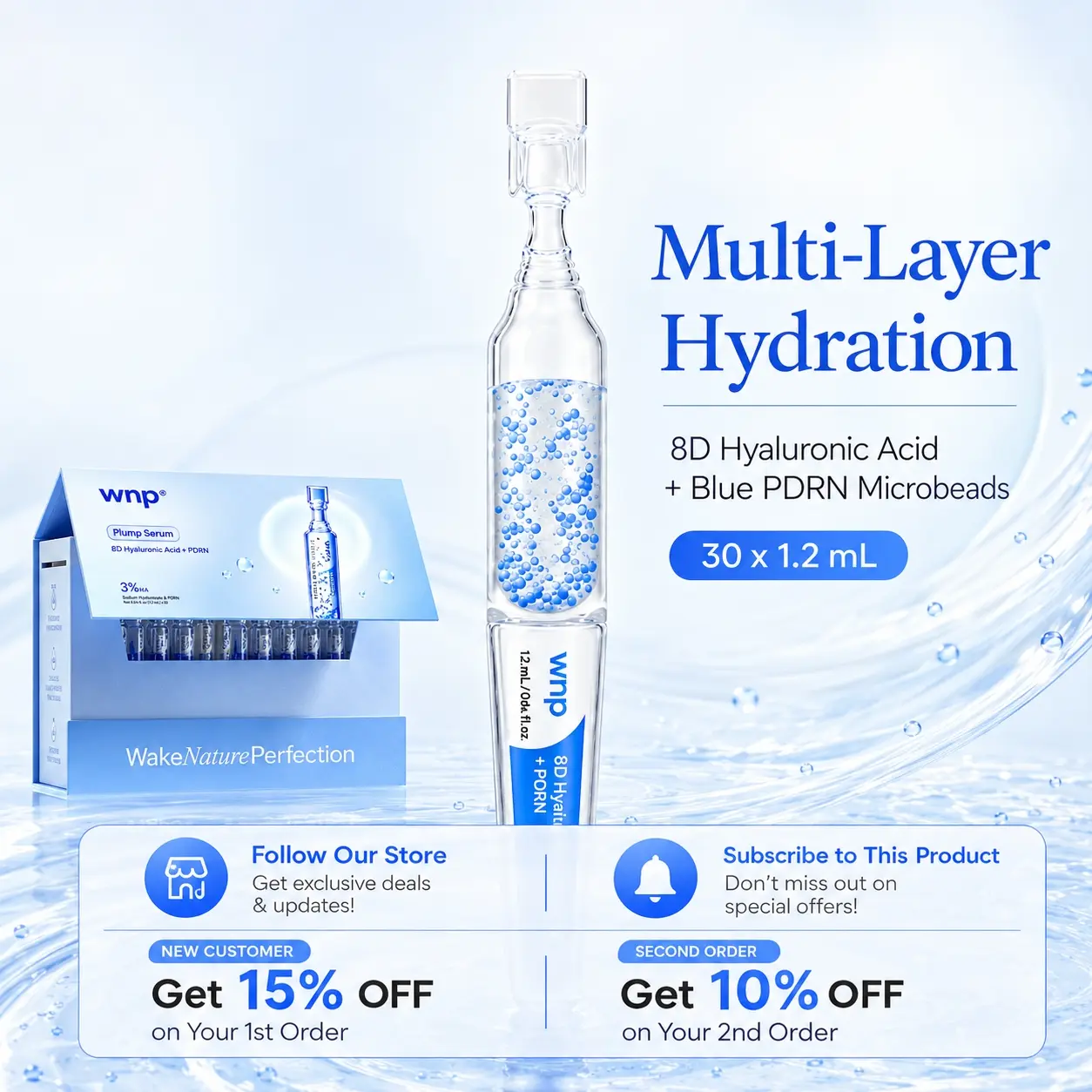 [NEW] WNP Plump Serum | 3% 8D Hyaluronic Acid + PDRN Blue Beads | Ultra-Low Molecular HA & 10 Peptide Complex | Long-Lasting Hydration for Plump | Smooth, Firm-Looking Skin
