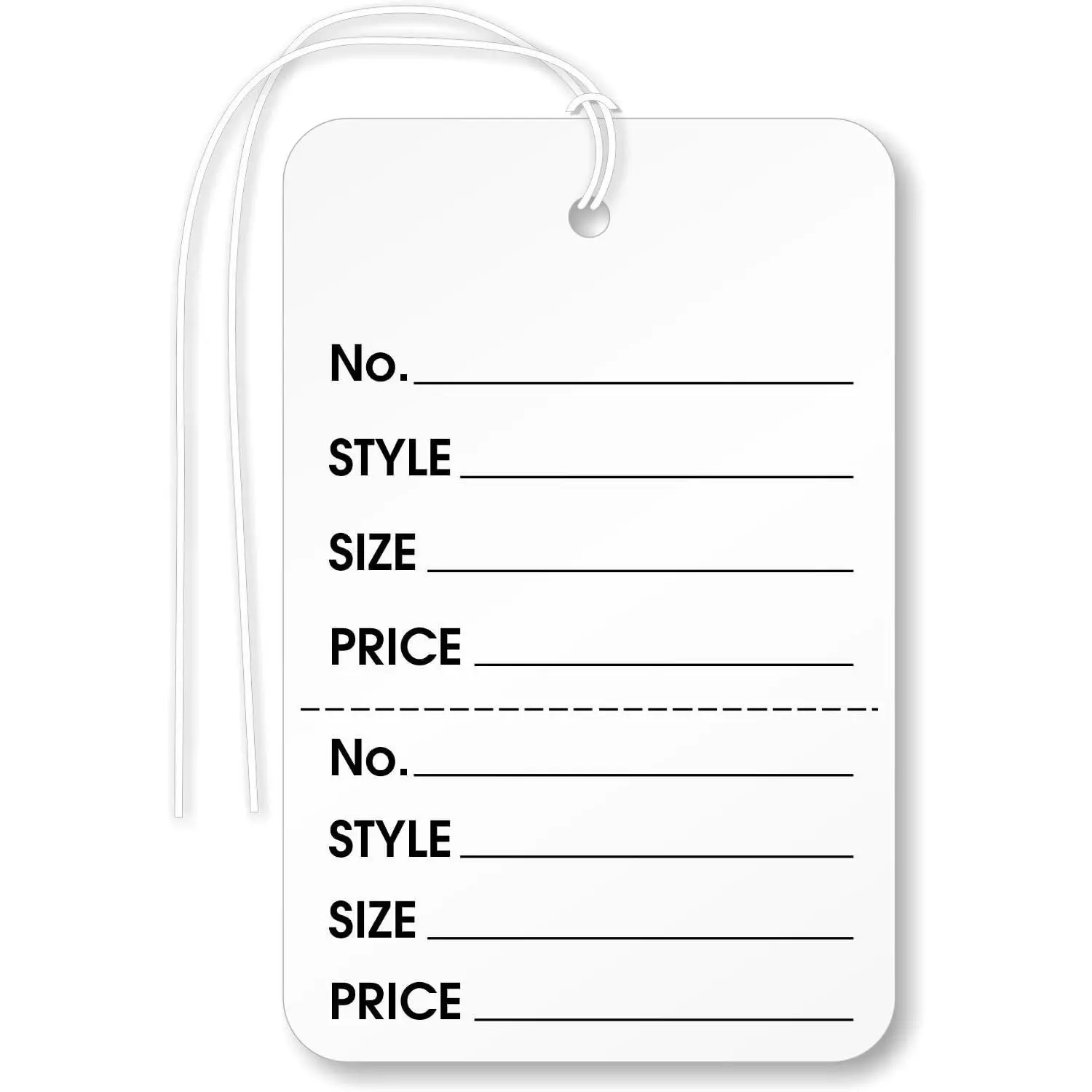 (Pack of 1000) 2.875 x 1.75 inch Perforated Garment Tags with Pre-Attached String and Stub (Size - 6), String, 12 Point Cardstock, White