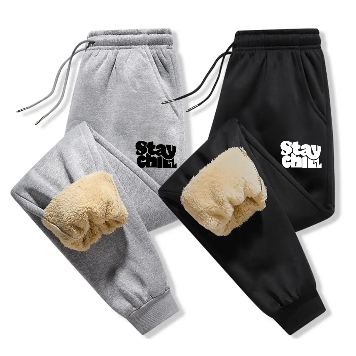 Male Fitted Printed Polyester Fleece-Lined Sweatpants - Menswear Casual Activewear Athletic Bottoms, Stylish Streetwear for Cozy Winter Wear, Elastic Waist, Cold Wash, Machine Washable, Elegant, Full Length