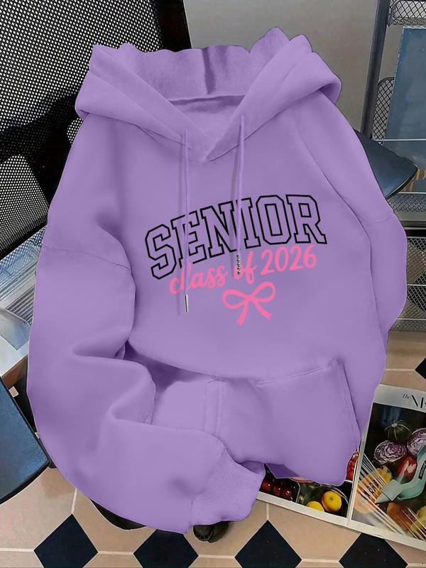 Women's Fashion Hoodie, Senior Class of 2026 Letter Print Pullover, Kangaroo Pocket, Casual Long Sleeve Sweatshirt for Fall & Winter