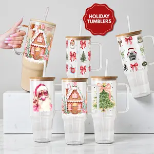 Christmas Glass Tumbler with Handle, Lid & Plastic and Glass Straws, Santa Bows Pink Gingerbread Design