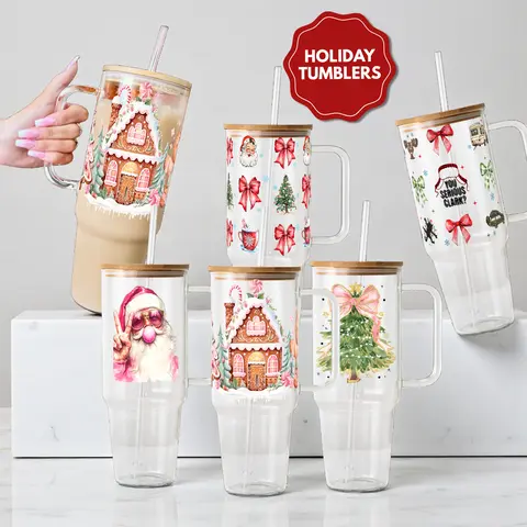 Christmas Cheer 40oz Glass Tumbler with Handle, Bamboo Lid & Straw