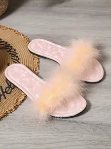 High-Quality Fashion Comfortable Casual Daily Wear Fluffy Feather Decorated Flat Women's Slippers, Stylish Ladies Footwear