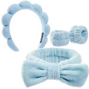 Spa Headband and Wristband Set for Women - Soft Durable Comfortable Bubble Bow Design Face Washing Makeup Skincare Accessories