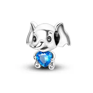 MULA cute elephant pendant, made of 925 Sterling Silver, holding a blue heart-shaped zircon - compatible with Pandora bracelets and necklaces, a perfect gift for women, girls, children