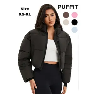 Women's Solid Pocket Zip Up Crop Warm Puffer Jacket, Casual Waterproof Stand Collar Outerwear for Fall Winter,  Puffer Jacket Women, Coat for Women, Jackets for Women, Women's Warm Outerwear, Essentials Puffer Coat