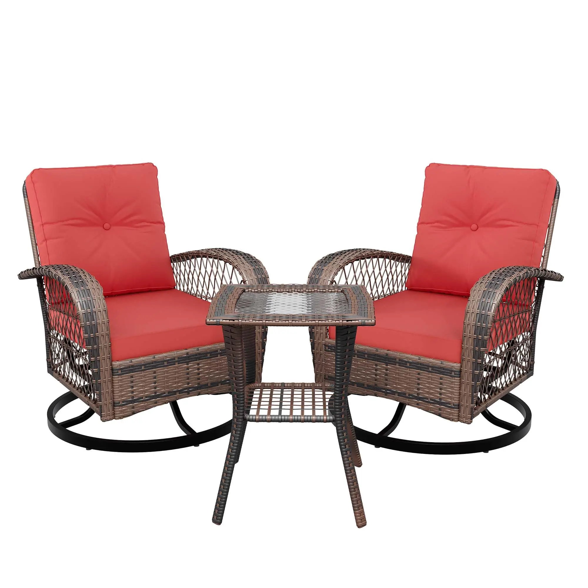 3-Piece Swivel Rocking Patio Chairs Set with 2 360-Degree Swivel Rocking Chairs and Tempered Glass Top Side Tabl, Outdoor Wicker Patio Bistro Set With Thickened Cushions for Poolside/Garden/Deck (Red)