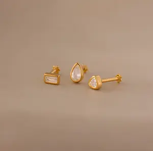 Diamond Bezel Flatback Studs Set by Caitlyn Minimalist - Dainty Crystal Teardrop, Triangle, & Baguette Stud Earrings - Minimalist Jewelry - Gift for Her