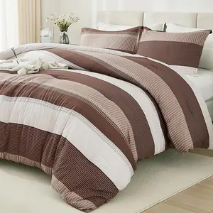 Brown Comforter King - 3 Lightweight Brown White Colorblock Stripe Fluffy Comforter Sets,