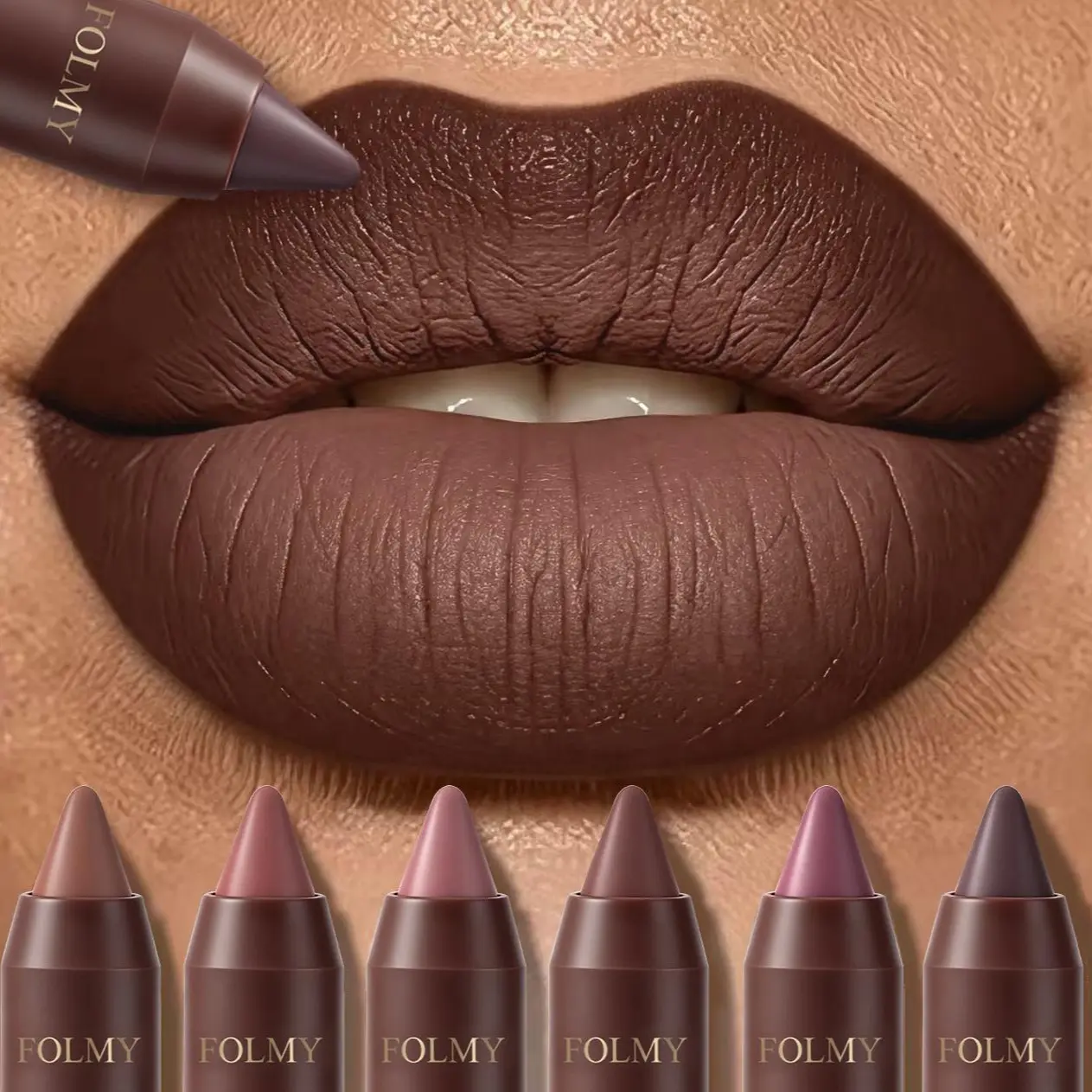 FOLMY 6Pcs Matte Creamy Lipstick Pencil Set - Long-Lasting, Waterproof, Transferproof, Hydrating Solid Lip Pens with Nude Brown Shades, Makeup for All Types, Smooth Cosmetics for Students