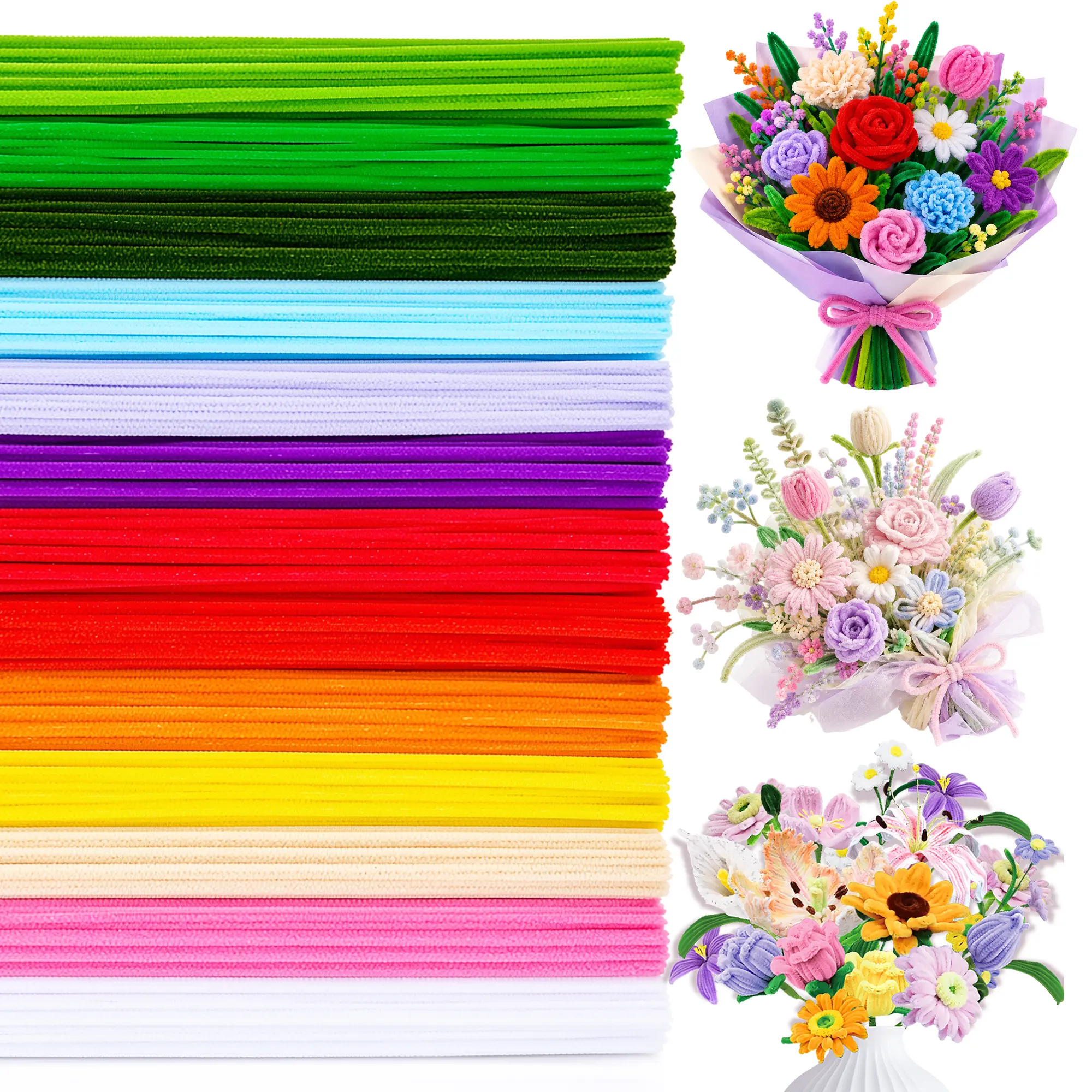1200/572 Pcs Chenille Pipe Cleaners for Crafts – 24/13 Assorted Colors Fuzzy Soft Plush Stems, DIY Forever Flowers Bouquet Kit, Kids Classroom Sensory Art Project, Handmade Wedding Home Decor, Bulk Art Supplies summerwins
